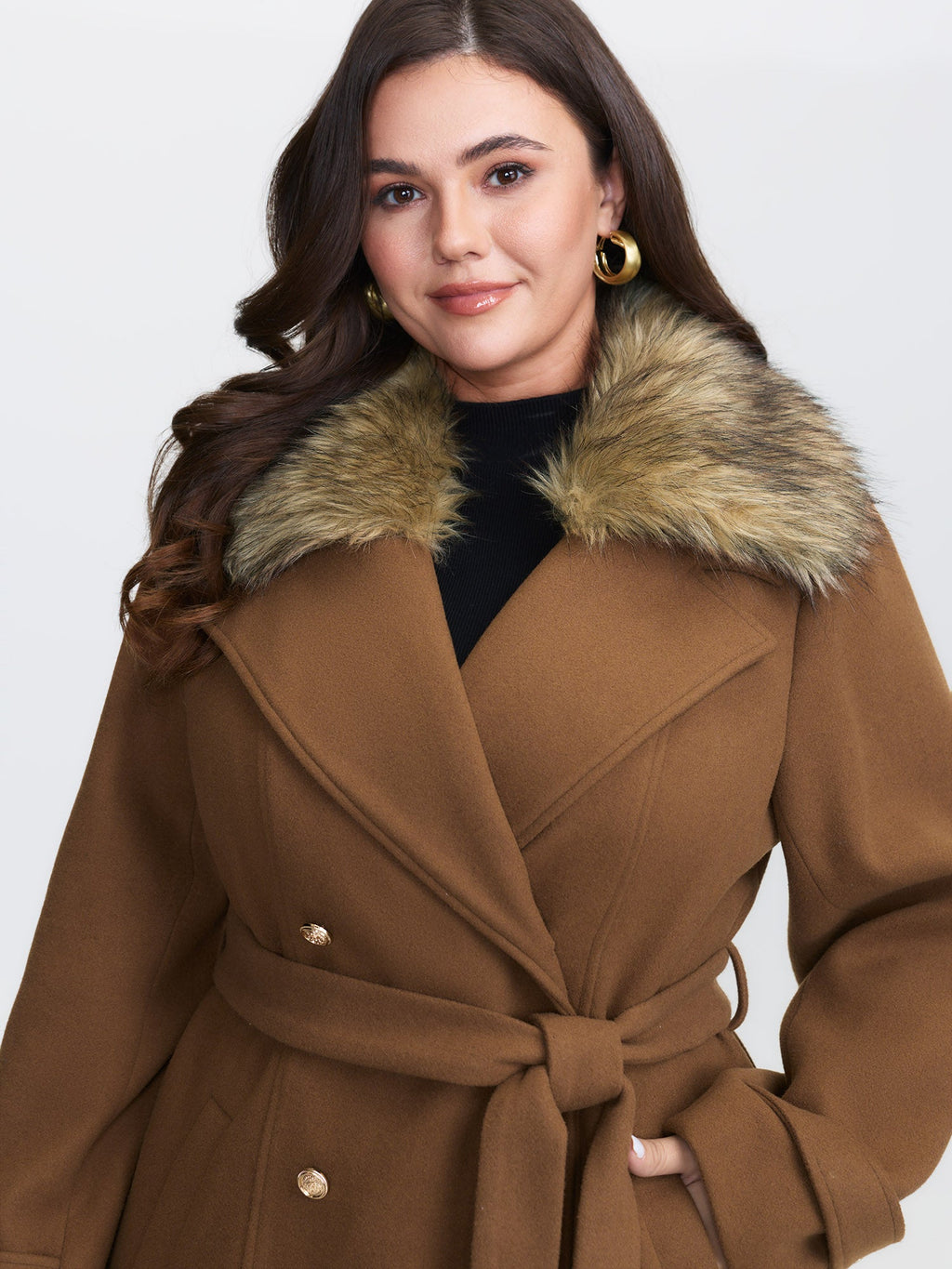 Detachable Fur Belted Cinched-Waist Coat