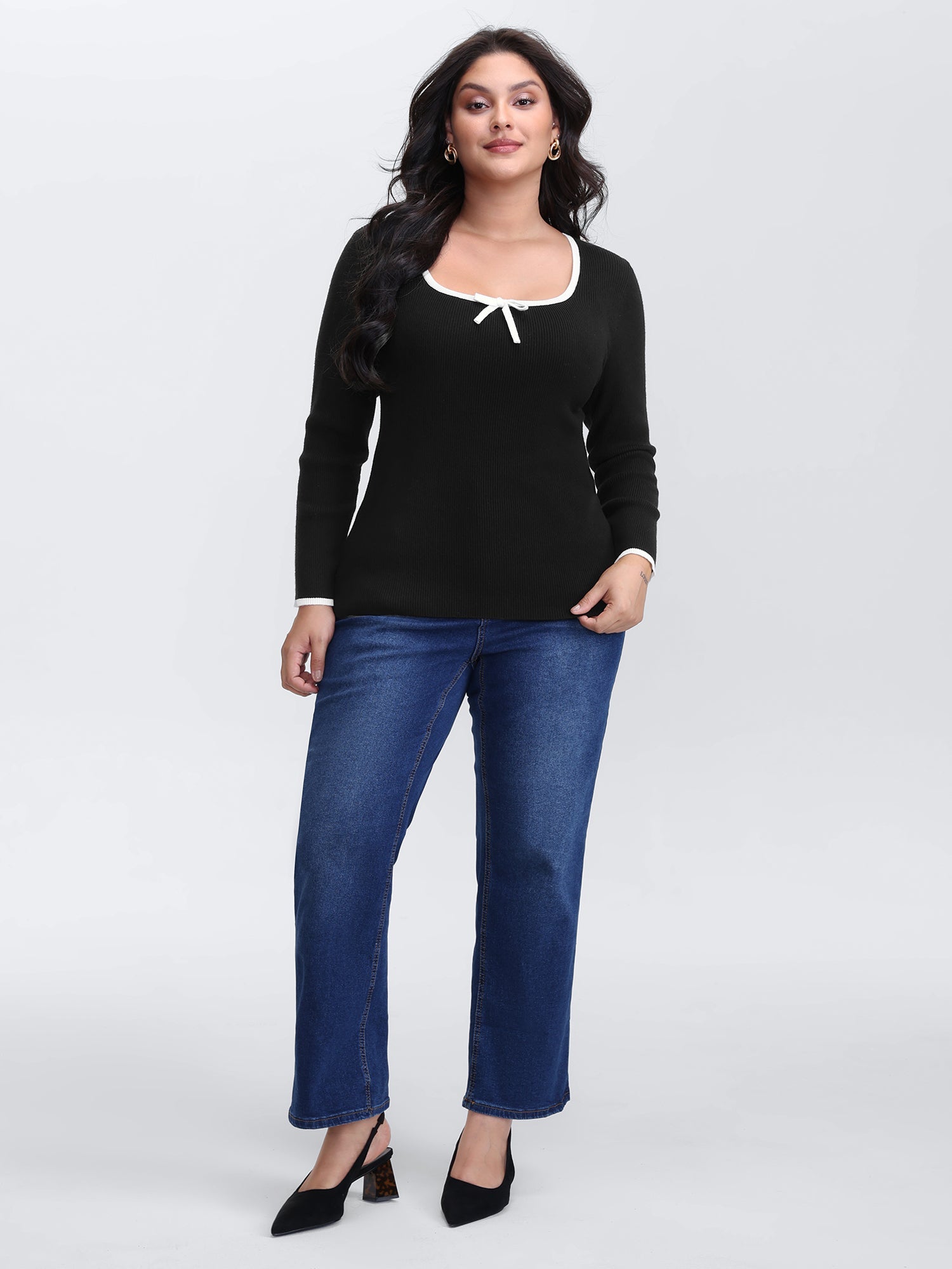 Square Neck Bowknot Fitted Pullover