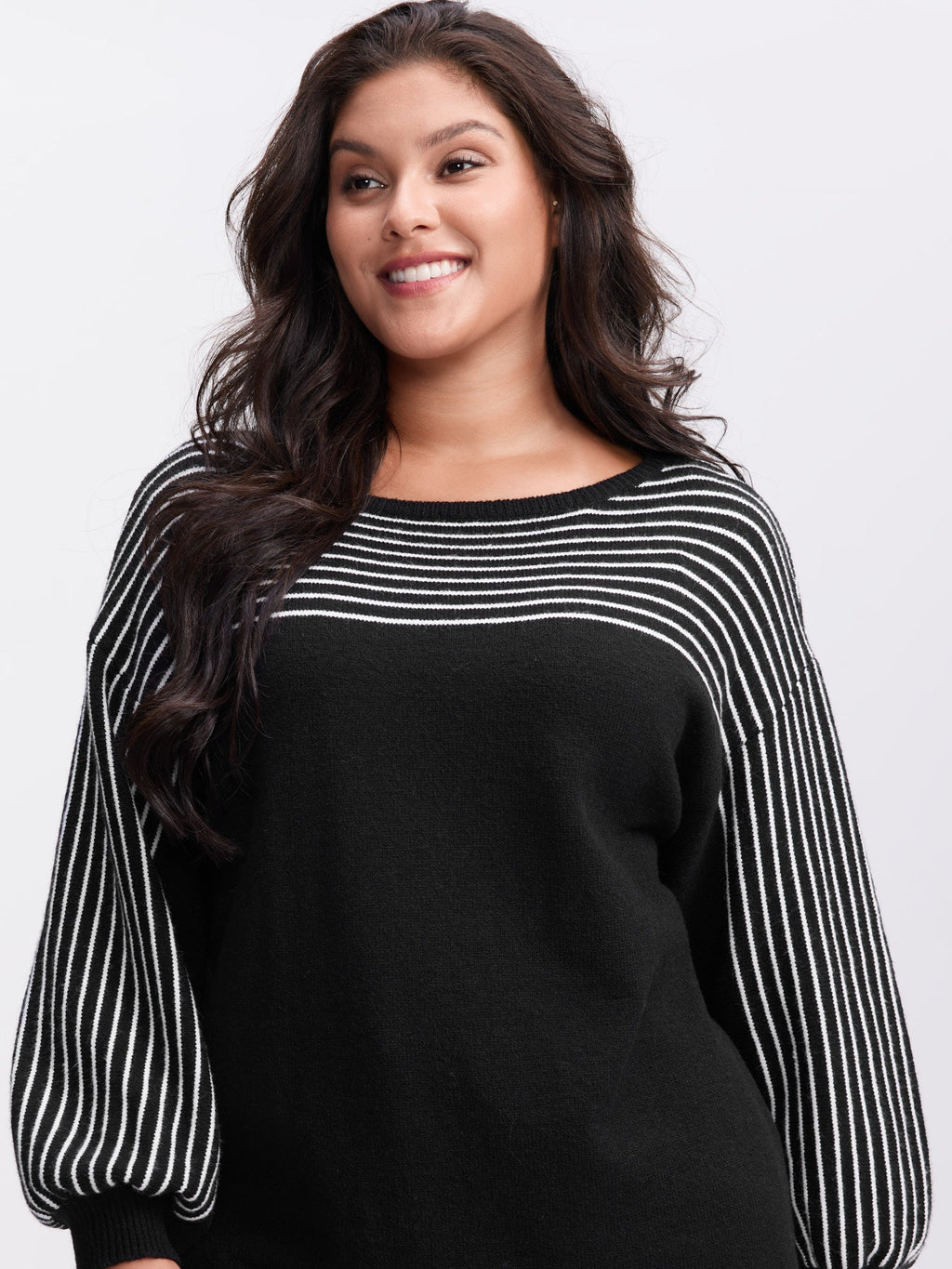 Stripe Boat Neck Balloon Sleeve Pullover