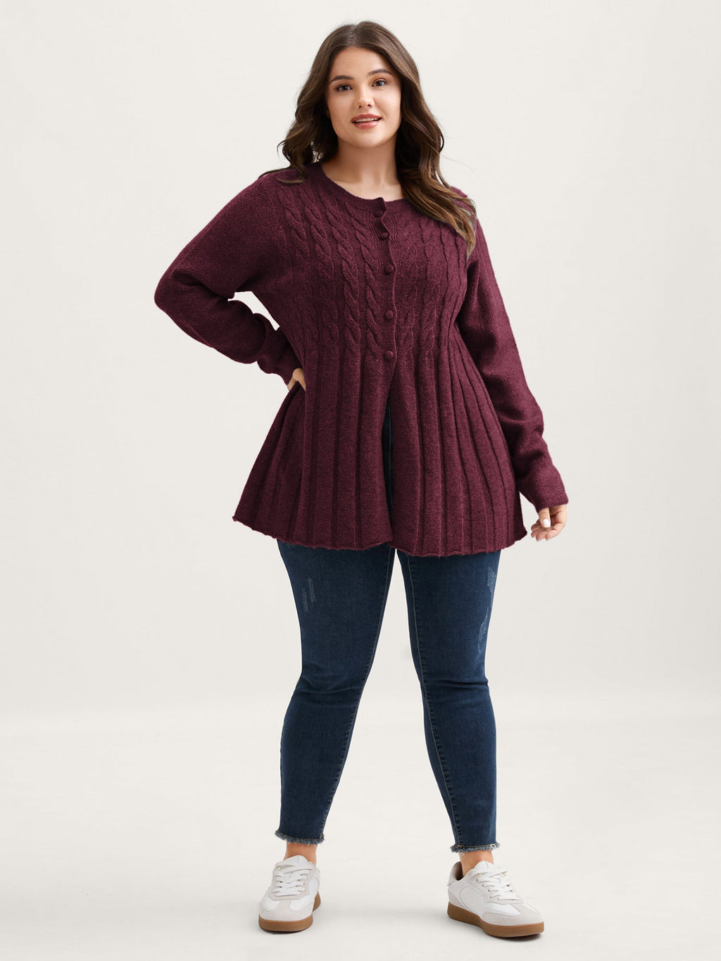 Cable Knit Round Neck Button Knit Cardigan