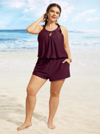 Solid Keyhole Elastic Waist Gathered One Piece Swimsuit