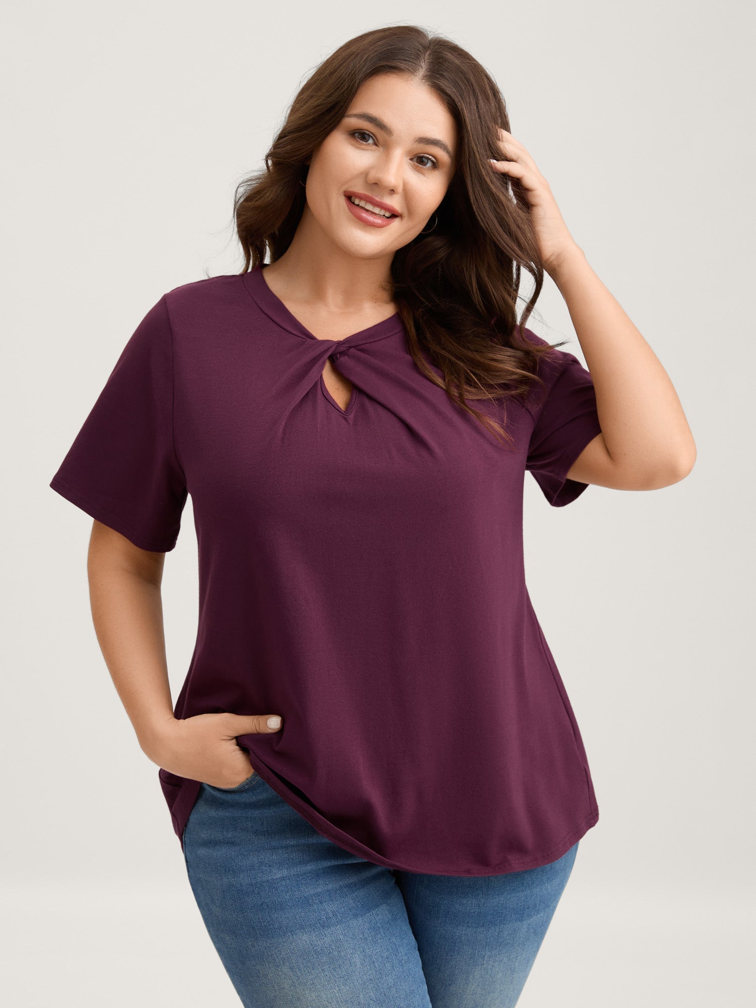 Knotted Cut-Out Neckline Solid T-Shirt