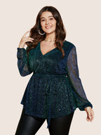 Sequin Mesh Lantern Sleeve Wrap Belted Striped Blouse