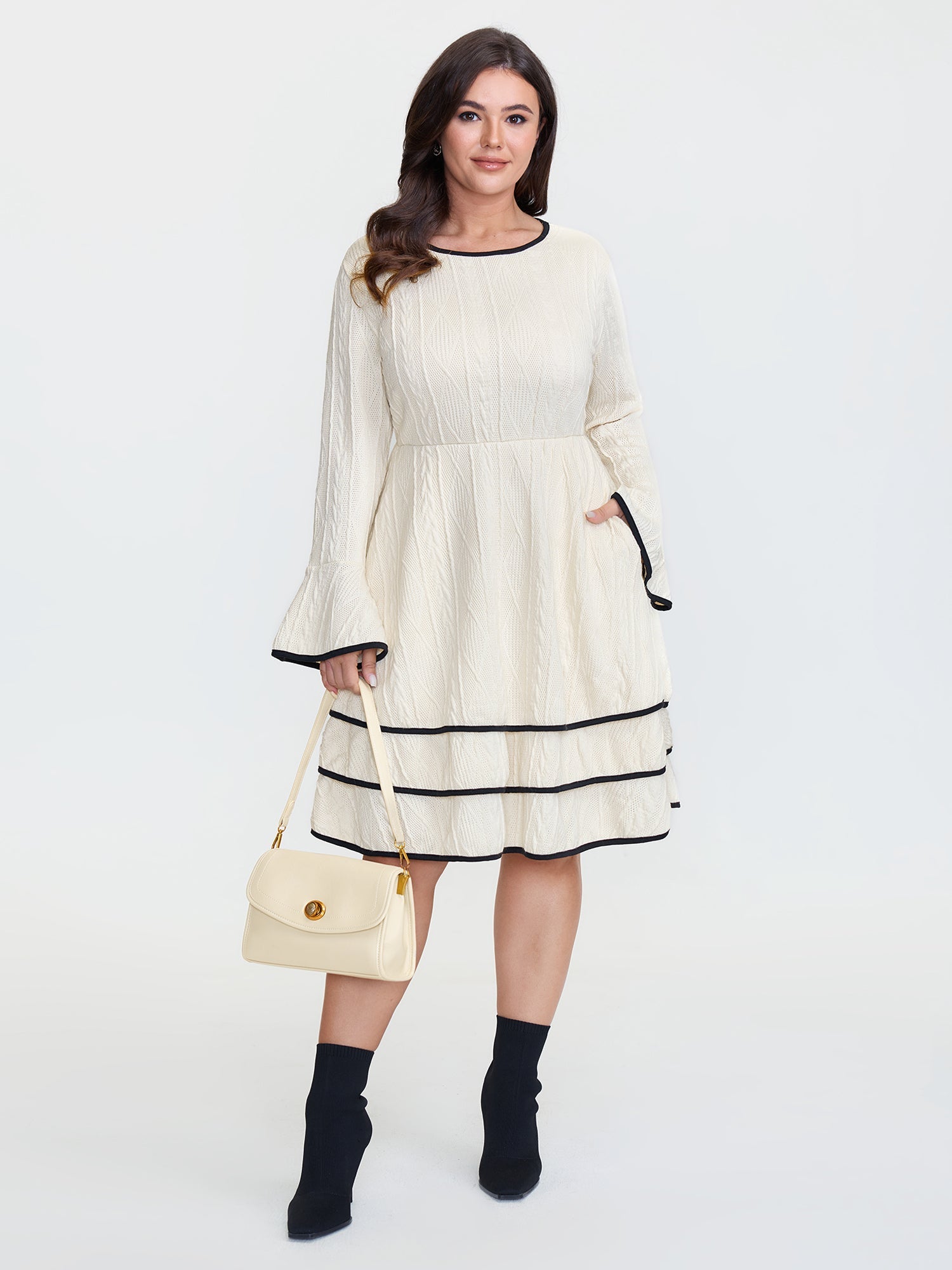 Textured Layered Hem Color Contrast Midi Dress