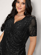 Shimmery Wrap Neck Sheer Sleeve T-Shirt