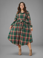 Plaid Button Detail Pocket Belted Arc Hem Dress