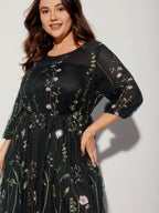 Floral Embroidered Elastic Waist Lined Midi Dress