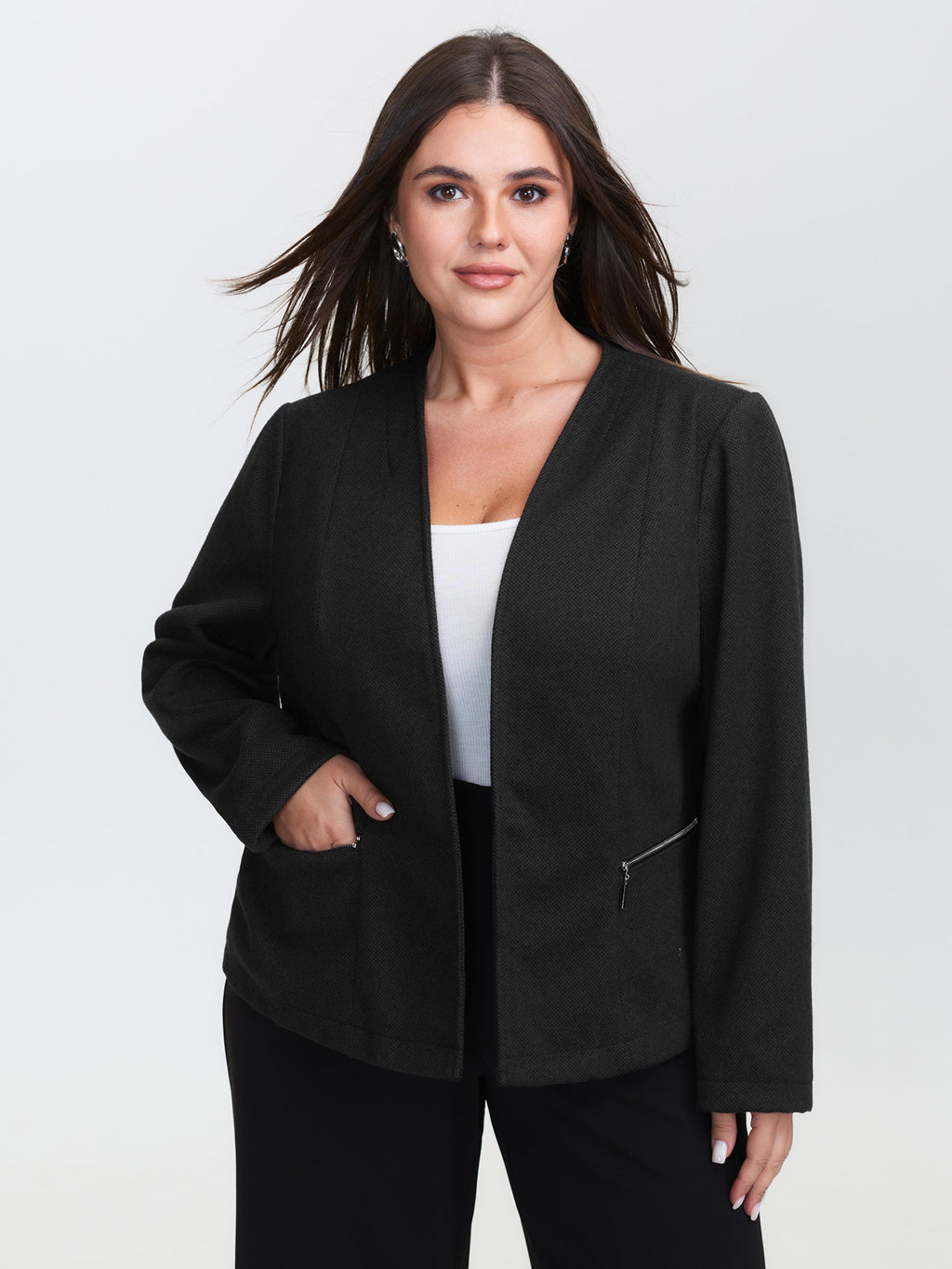 Textured Lined Zipper Pocket Blazer
