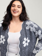 Floral Pattern Open-Front Knitted Cardigan
