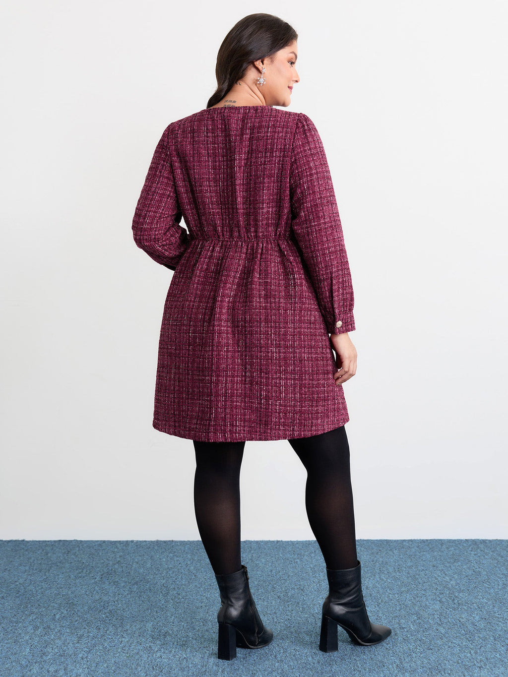 Tweed Metal Button Stretchy Waist Knee Dress