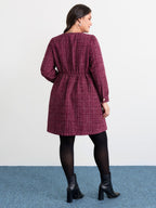 Tweed Metal Button Stretchy Waist Knee Dress