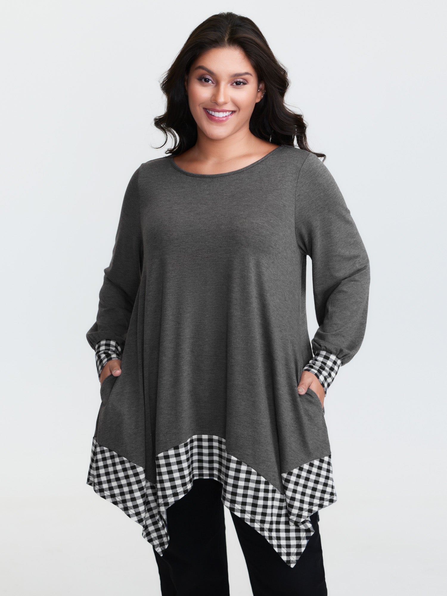 Supersoft Stretchy Checkered Asymmetrical Hem T-Shirt