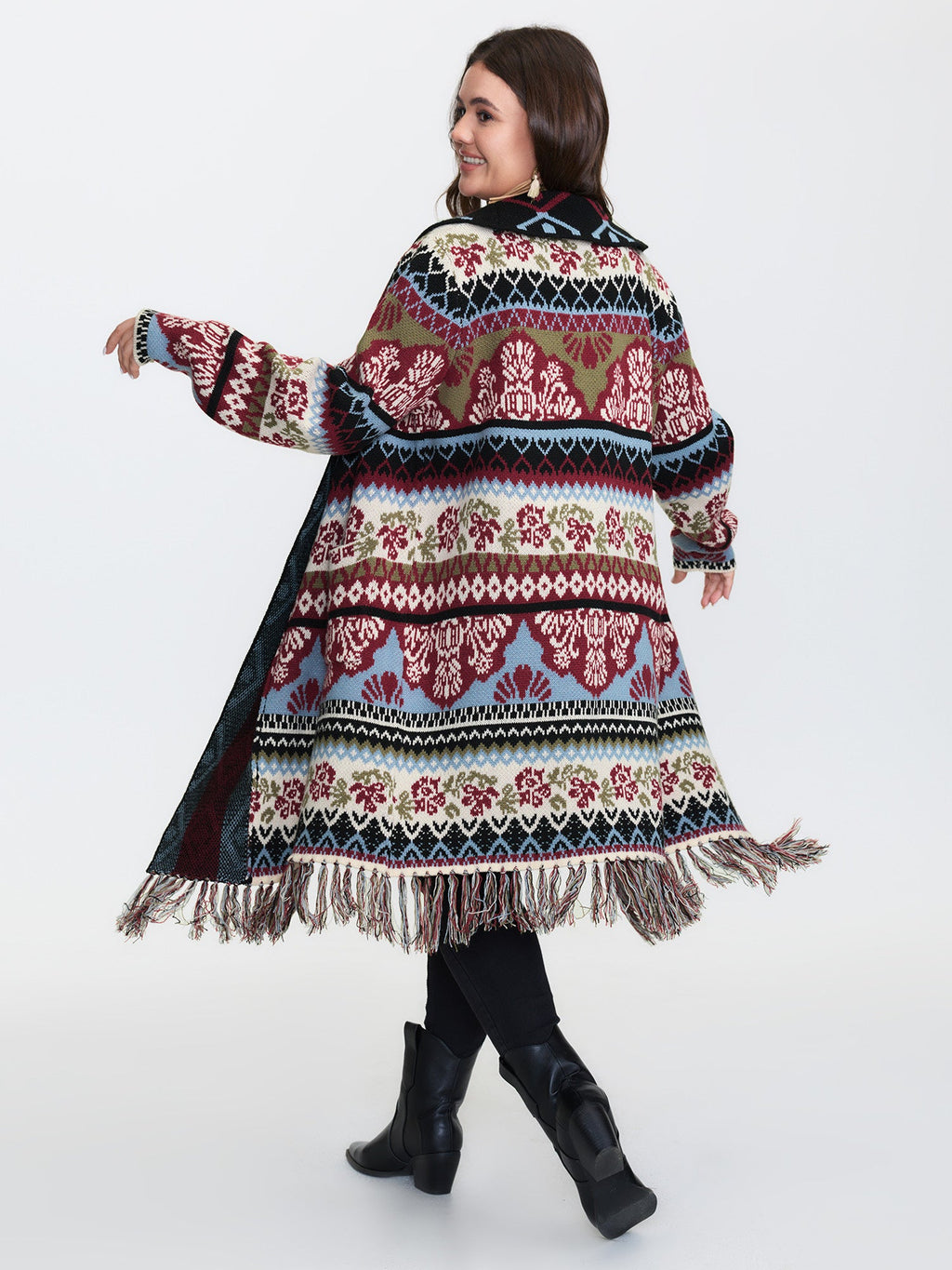 Fair-Isle Pattern Jacquard Fringes Knit Cardigan