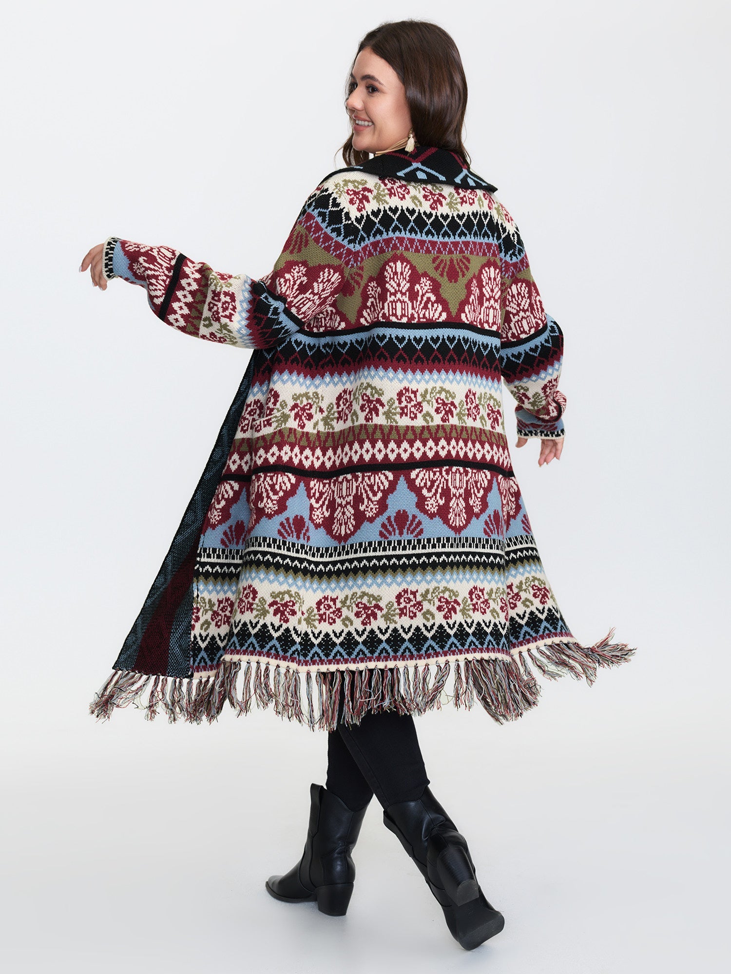 Fair-Isle Pattern Jacquard Fringes Knit Cardigan