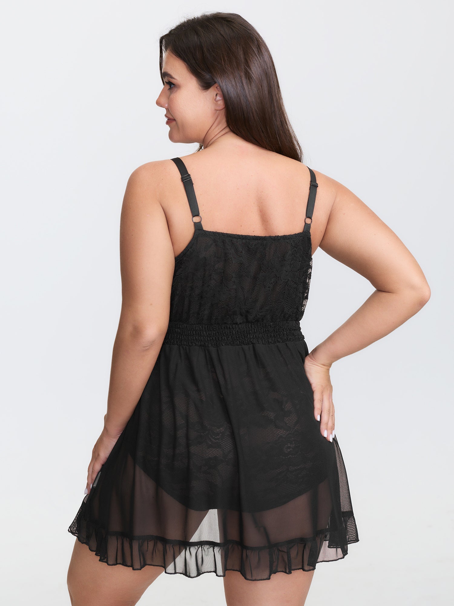 Lace Sheer Deep V-Neck Ruffled Sleep Dress