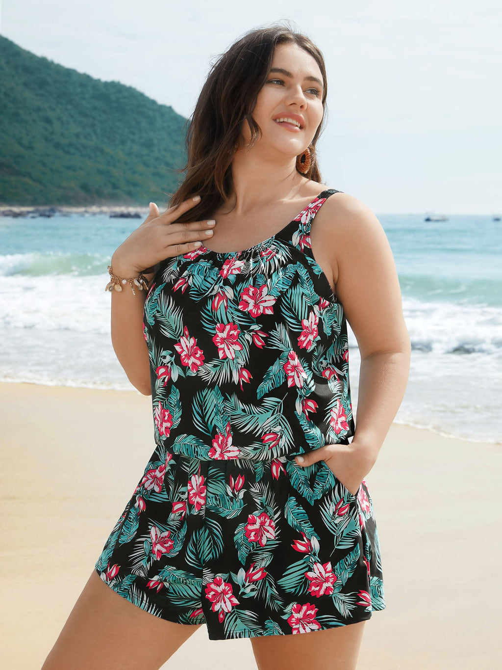 Tropical Flower Print Pockets One-Piece Swimsuit