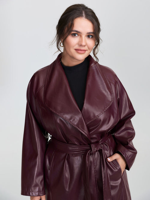 Artificial Leather Belted Waist Long Coat