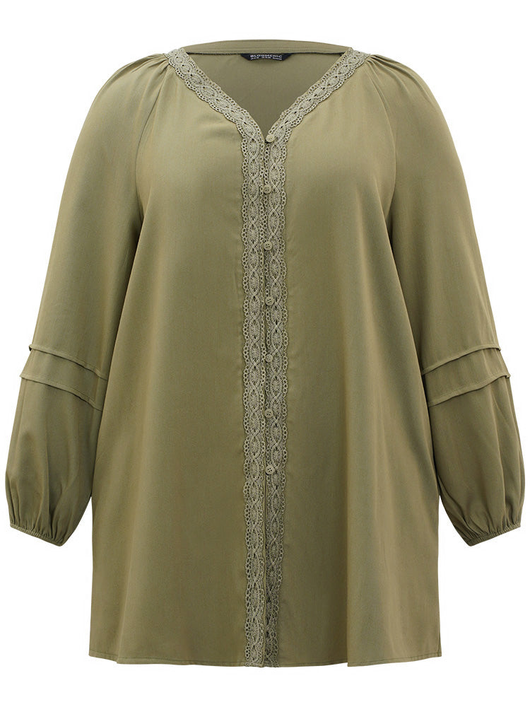 Plain Contrast Lace Lantern Sleeve Button Fly Coat