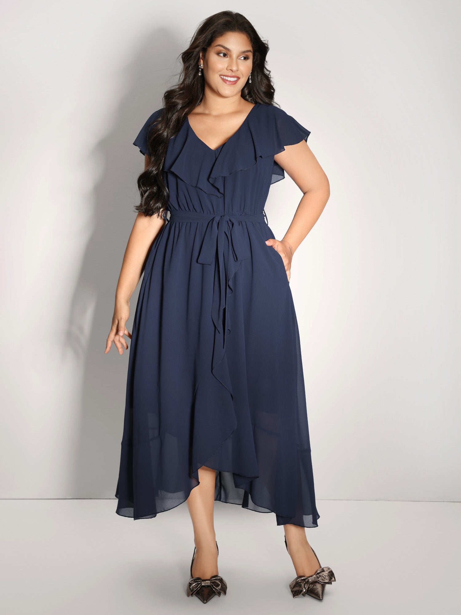 Belted Waist High Low Hem Midi Dress