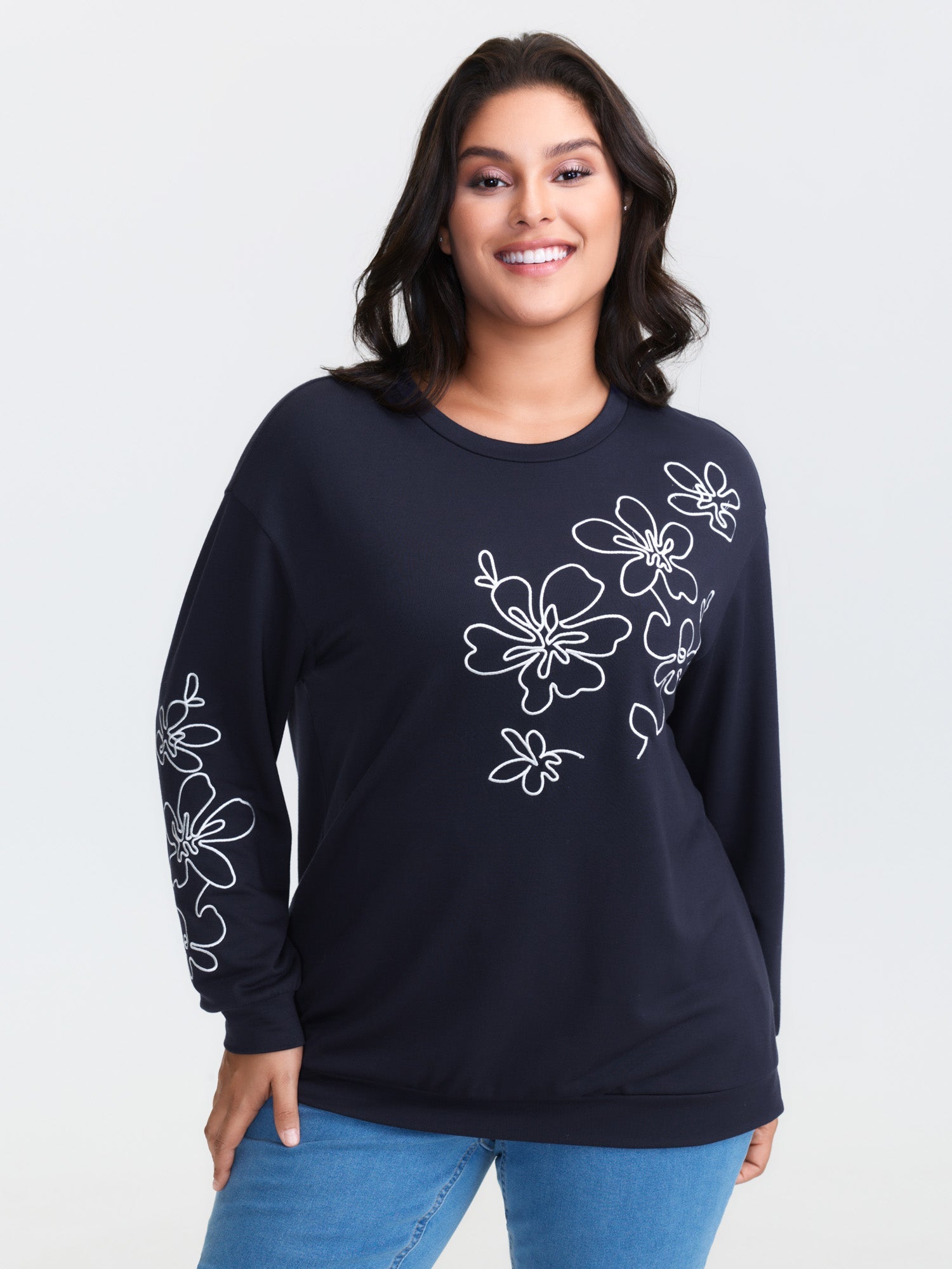 Floral Embroidery Print Relaxed Fit Sweatshirt