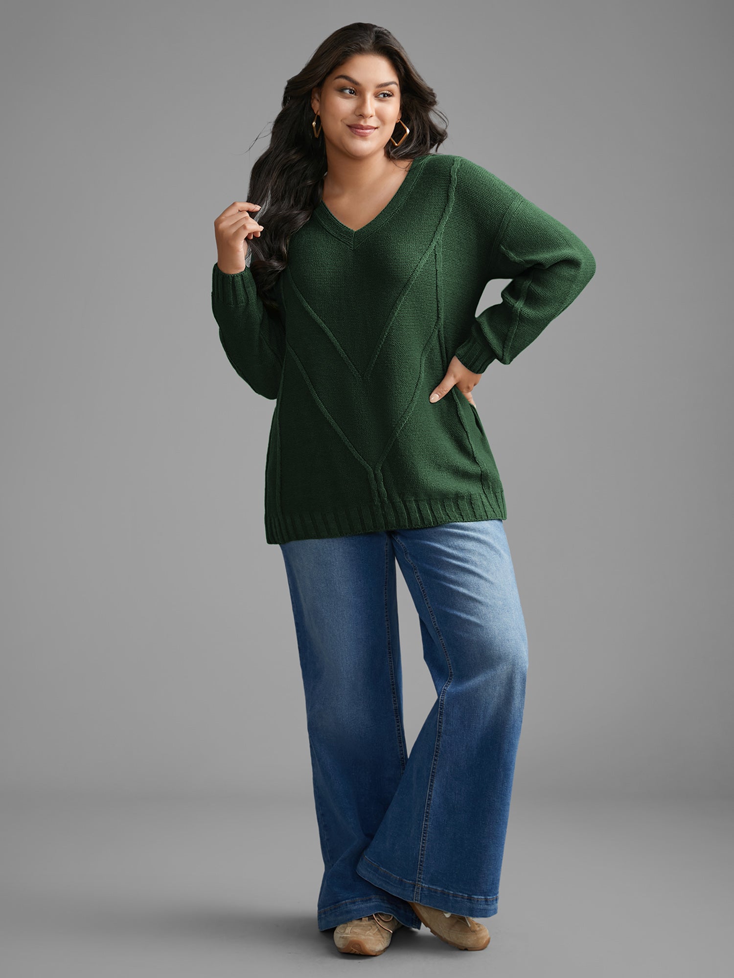 V Neck Cable Knit Texture Pullover