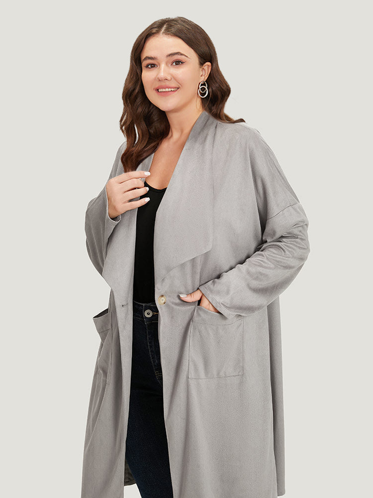 Solid Lapel Collar Patched Pocket Faux Suede Coat