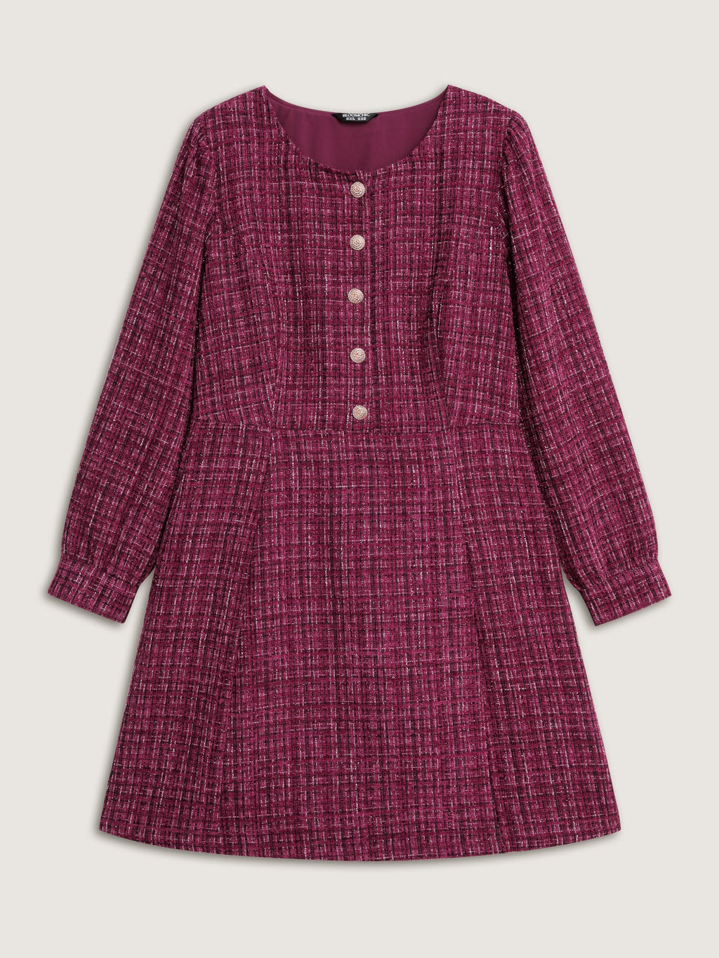 Tweed Metal Button Stretchy Waist Knee Dress