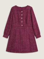 Tweed Metal Button Stretchy Waist Knee Dress