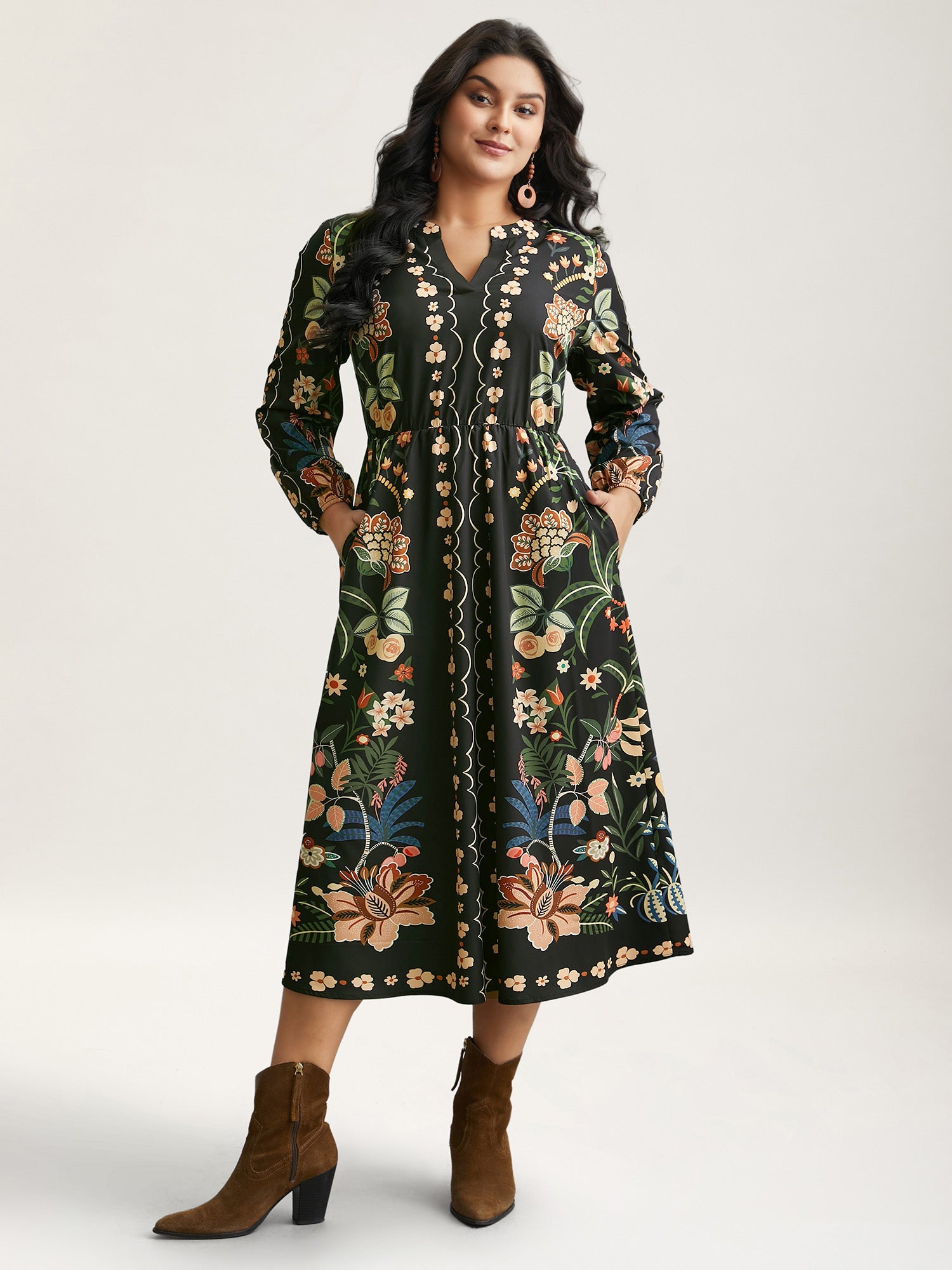 Floral Print Notched Collar Elastic Waist Dress