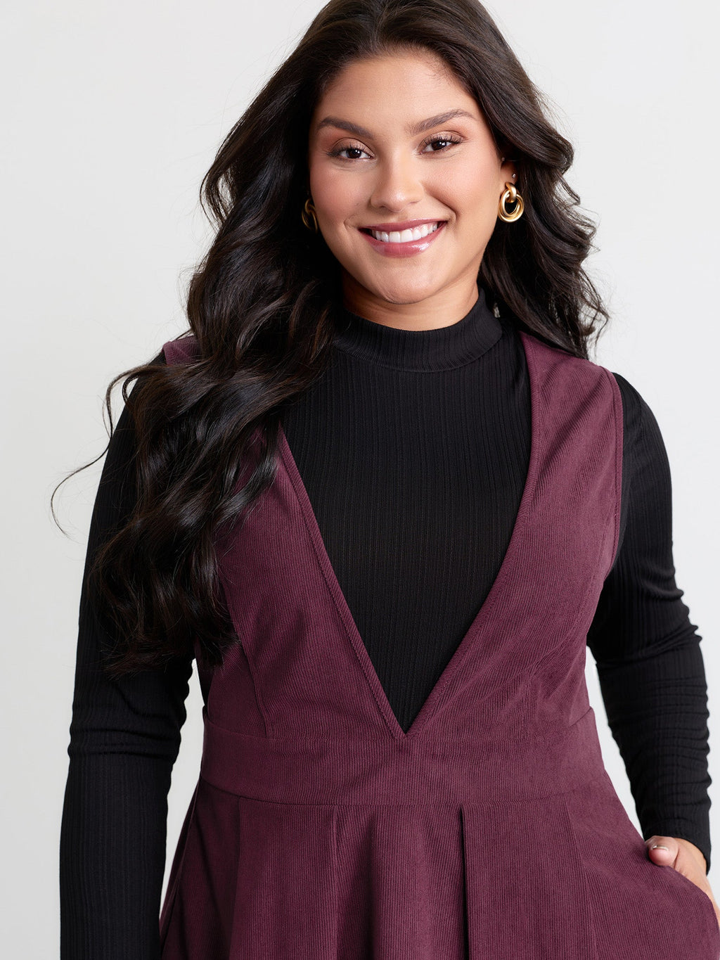 Corduroy Stretchy Waist V-Neck Midi Dress