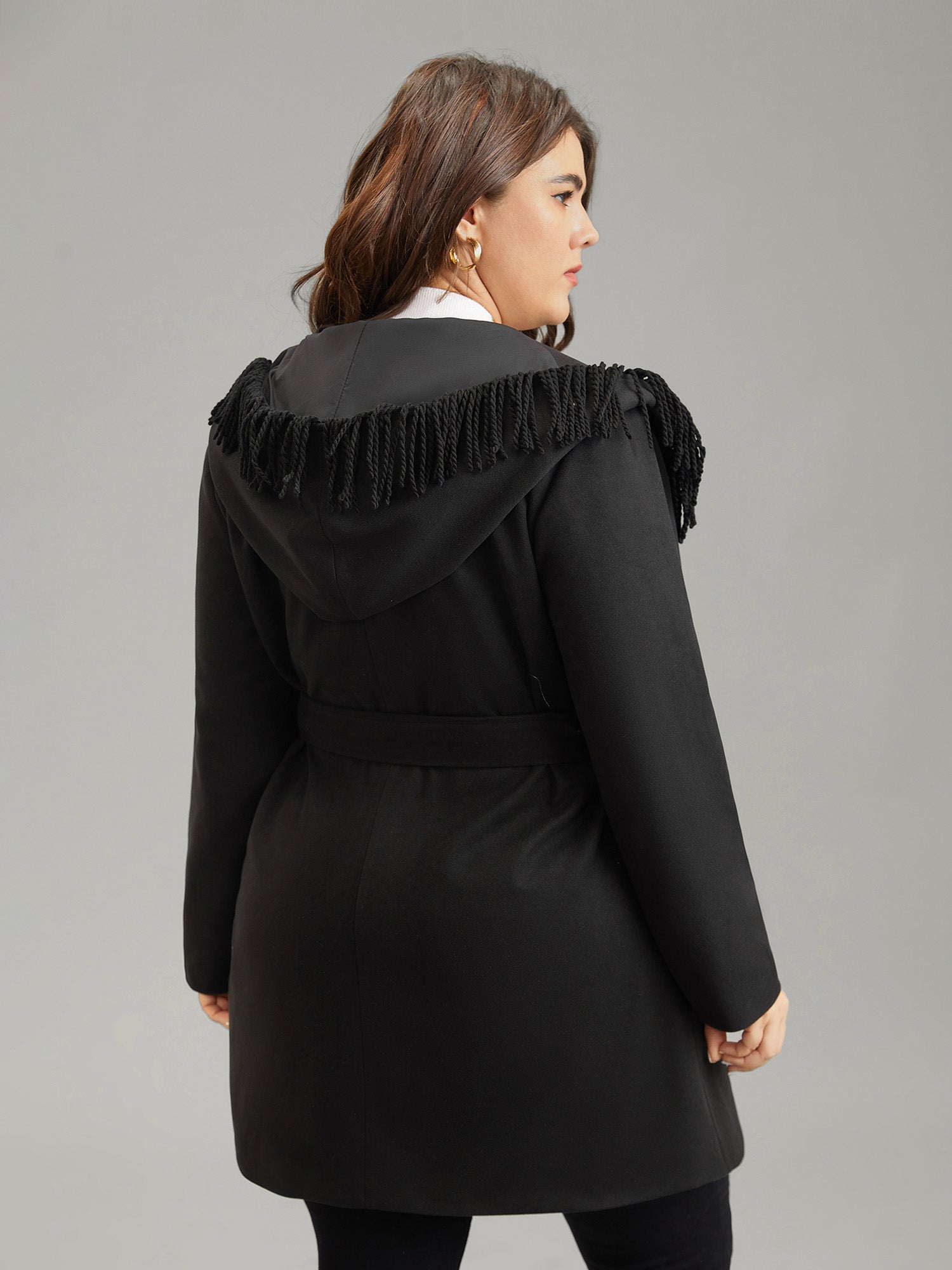 Tassels Trim Plain Lapel Collar Belted Coat