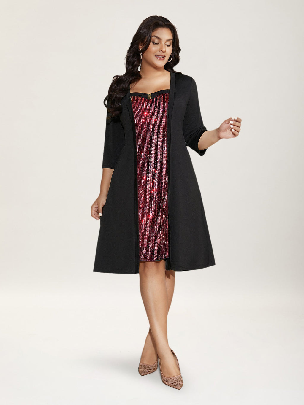 Heart Neckline Patchwork Sequin Button Detail Dress