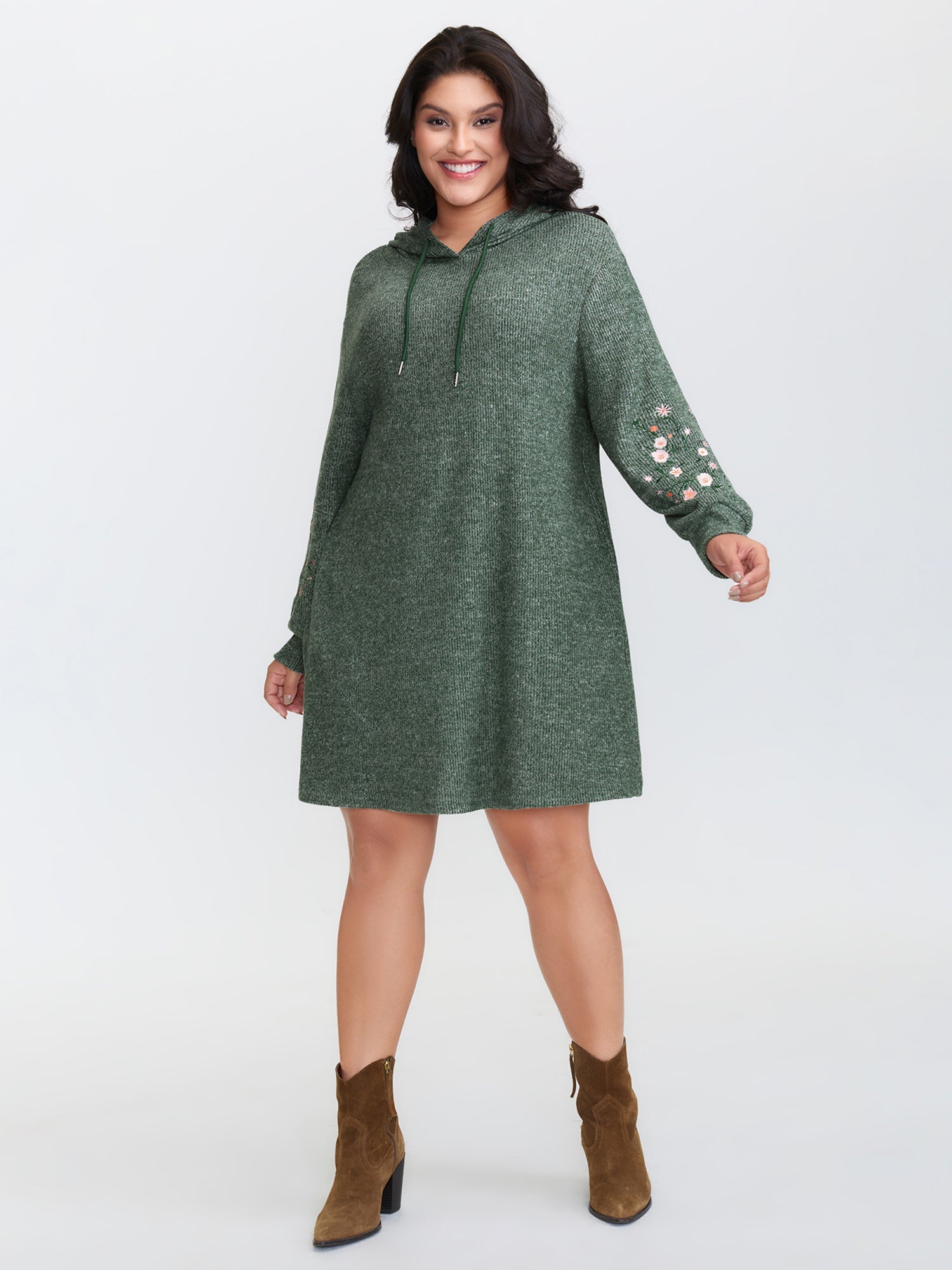 Floral Embroidered Sleeve Hooded Midi Dress