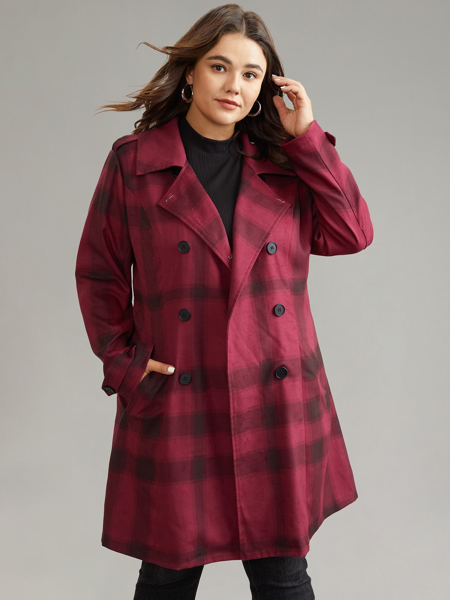 Lapel Collar Plaid Belted Double Breasted Coat