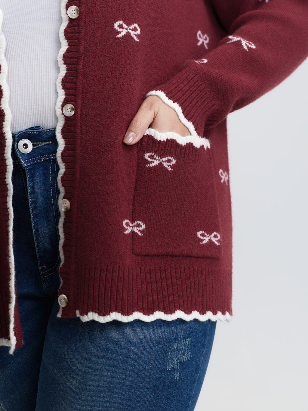 Bowknot Jacquard Wavy Edge Knit Cardigan