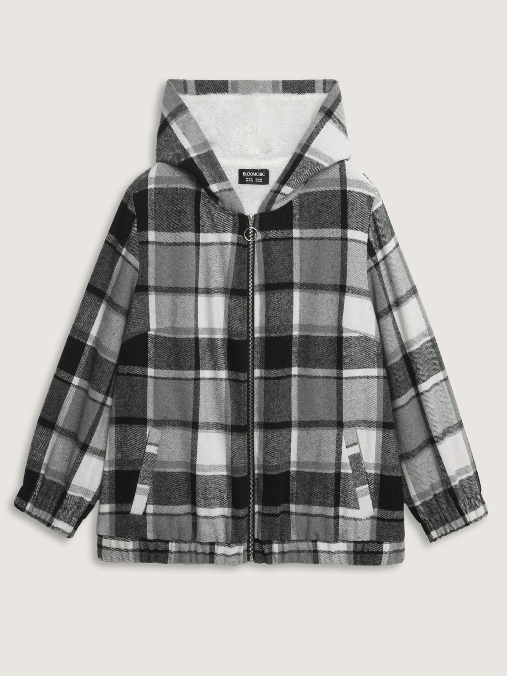 Checkered Pattern Lined Faux Fur Zipper Hoodie