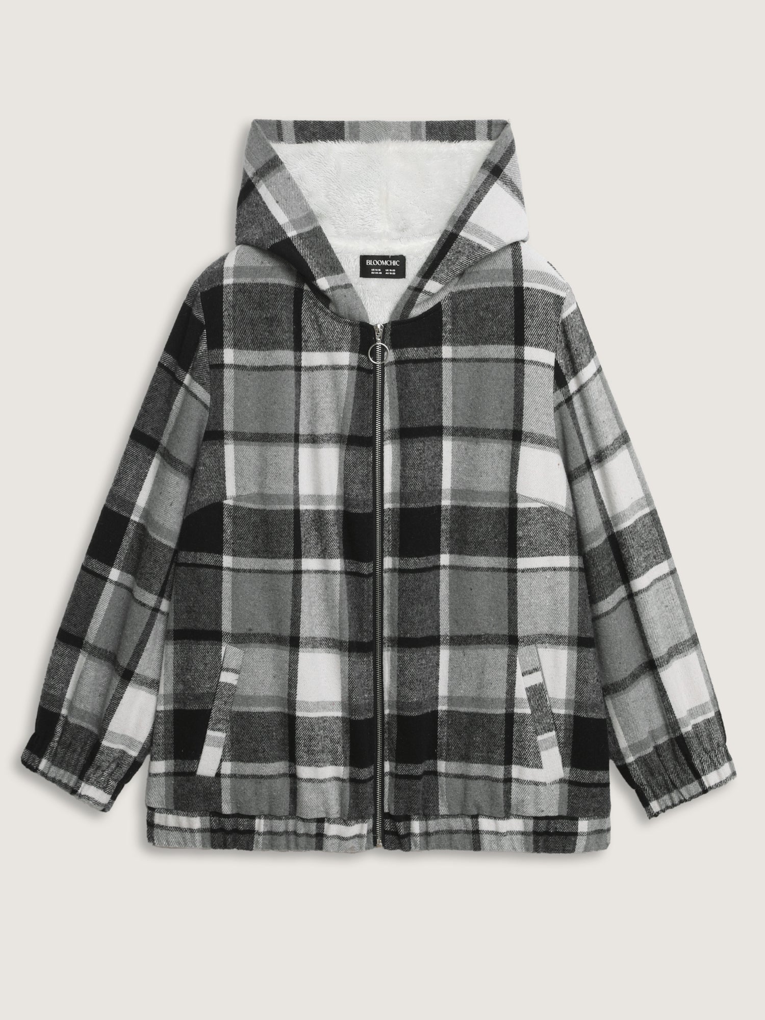 Checkered Pattern Lined Faux Fur Zipper Hoodie