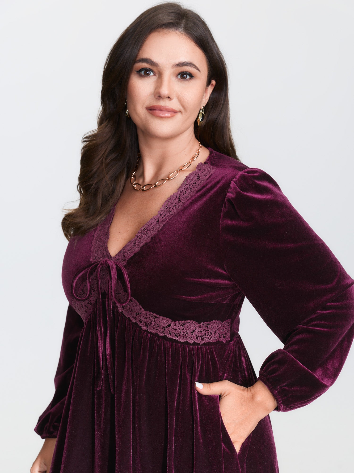 Velvet Lace Trim Stretchy Waist Midi Dress
