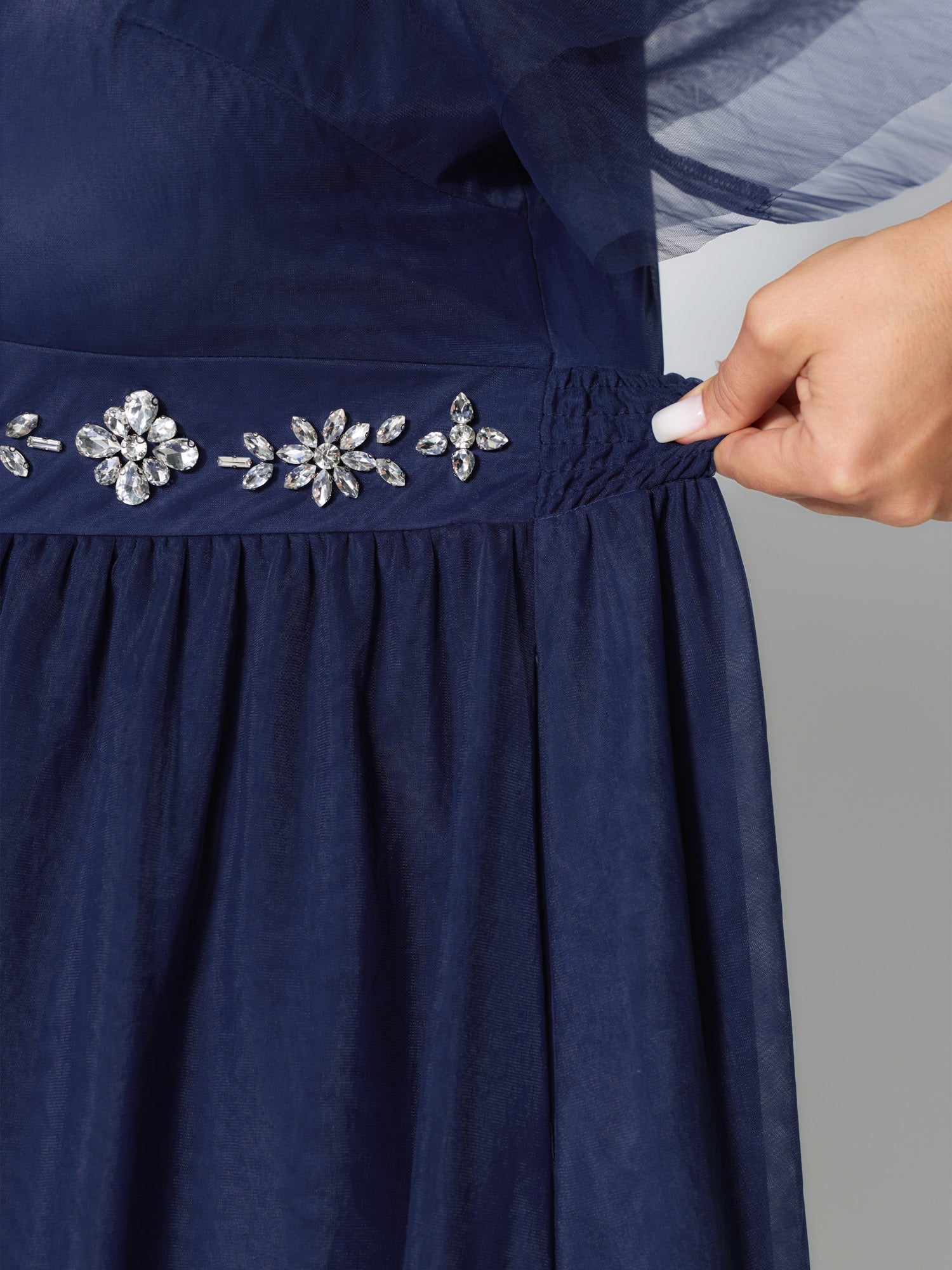 Rhinestone Triangular Mesh Cinched-Waist Maxi Dress