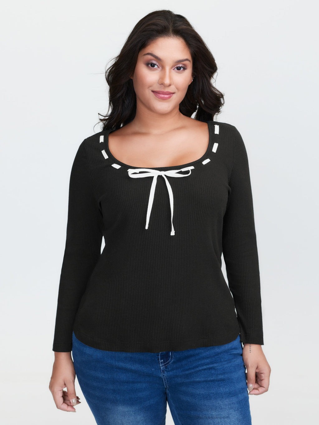 Supersoft Bow Tie Detail Ribbed Knit Top