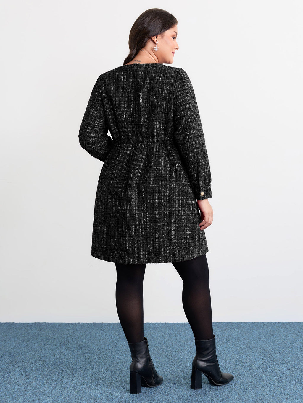 Tweed Metal Button Stretchy Waist Knee Dress