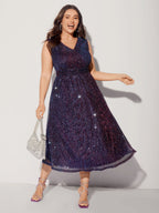 Sequin Surplice Neckline Sleeveless Midi Dress