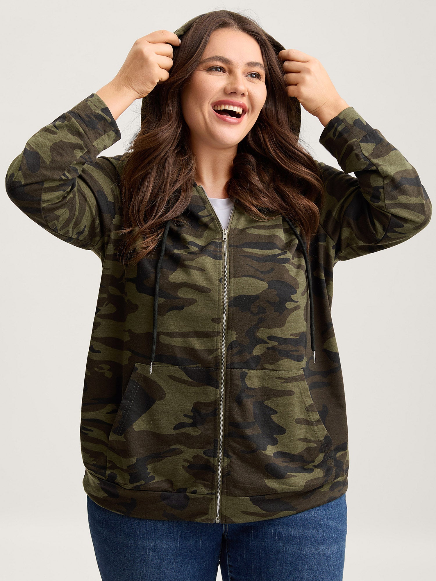 Camouflage Print Stretchy Zipper Hoodie