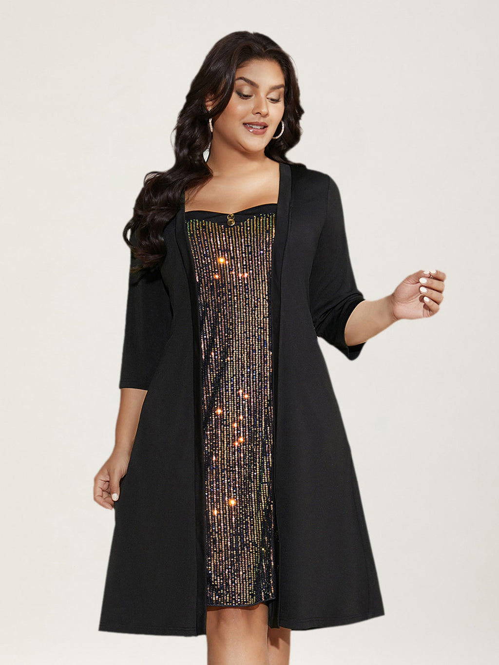 Heart Neckline Patchwork Sequin Button Detail Dress