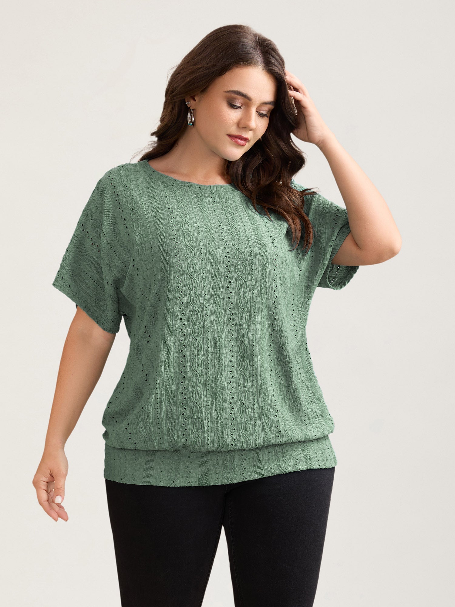 Eyelet Trim Stretchy Textured Plain Top