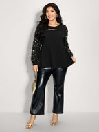Sequin Sleeve Cut-Out Neck Top