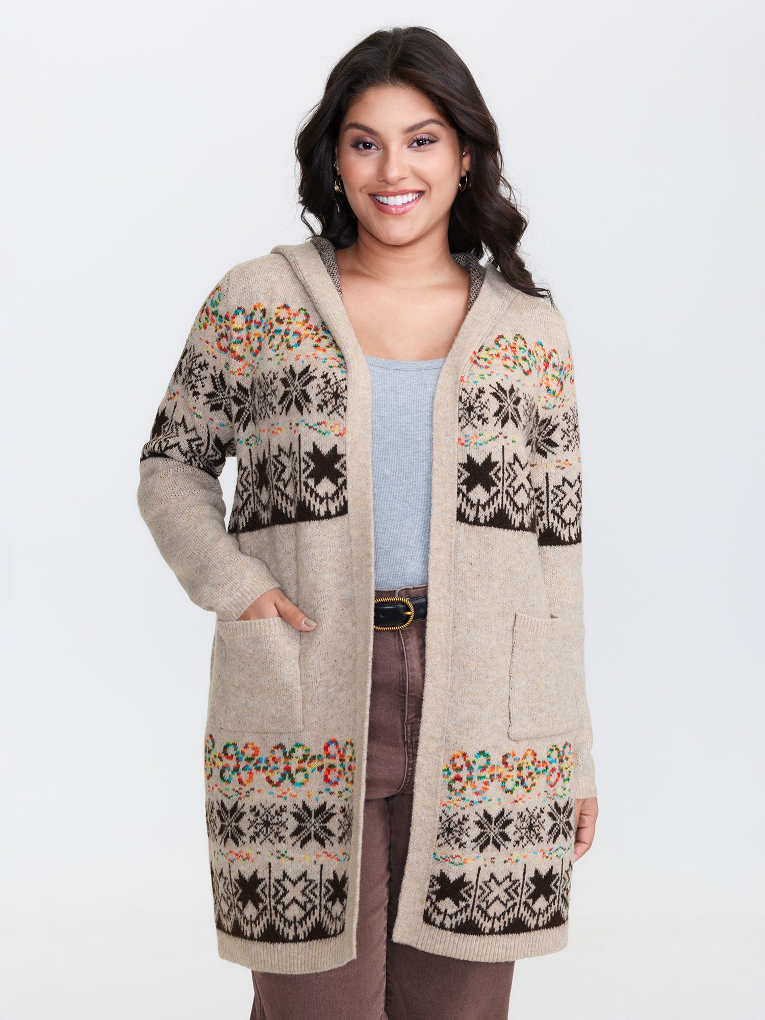 Boho Print Jacquard Hooded Knit Cardigan