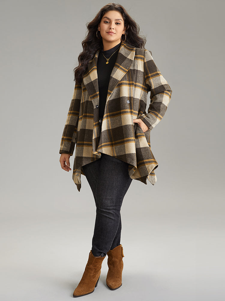 Plaid Belted Lapel Collar Hanky Hem Coat