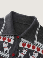 Animal Print Jacquard Polo Collar Knit Cardigan