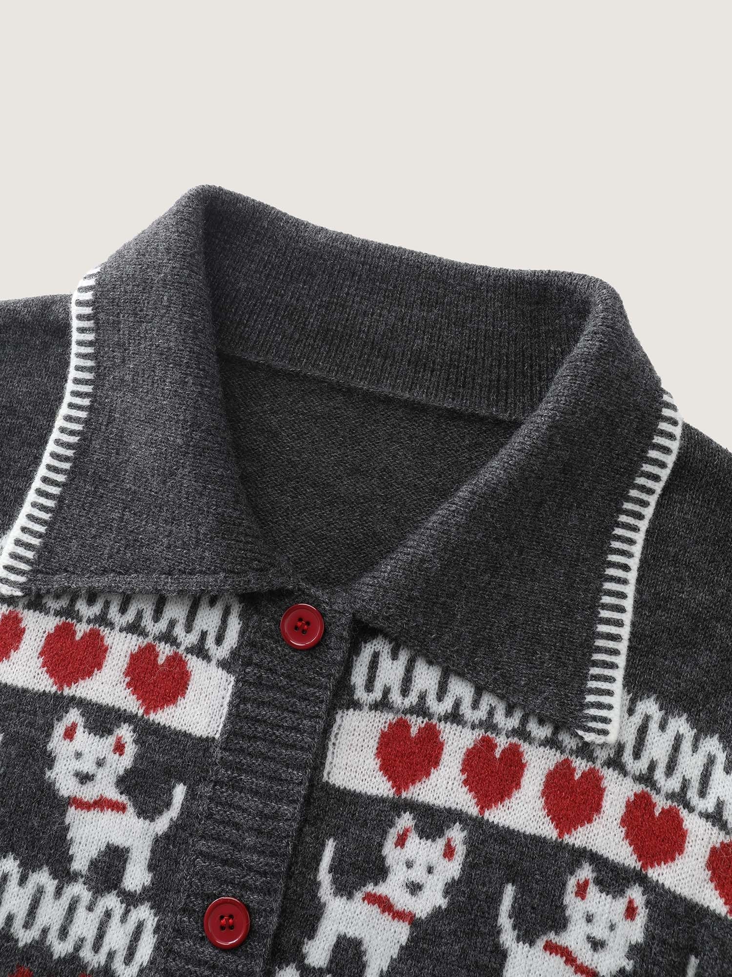 Animal Print Jacquard Polo Collar Knit Cardigan